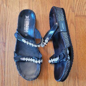 Mephisto 10 Rhinestone Black Patent Leather Strap Platform Sandals 40 AMBRE